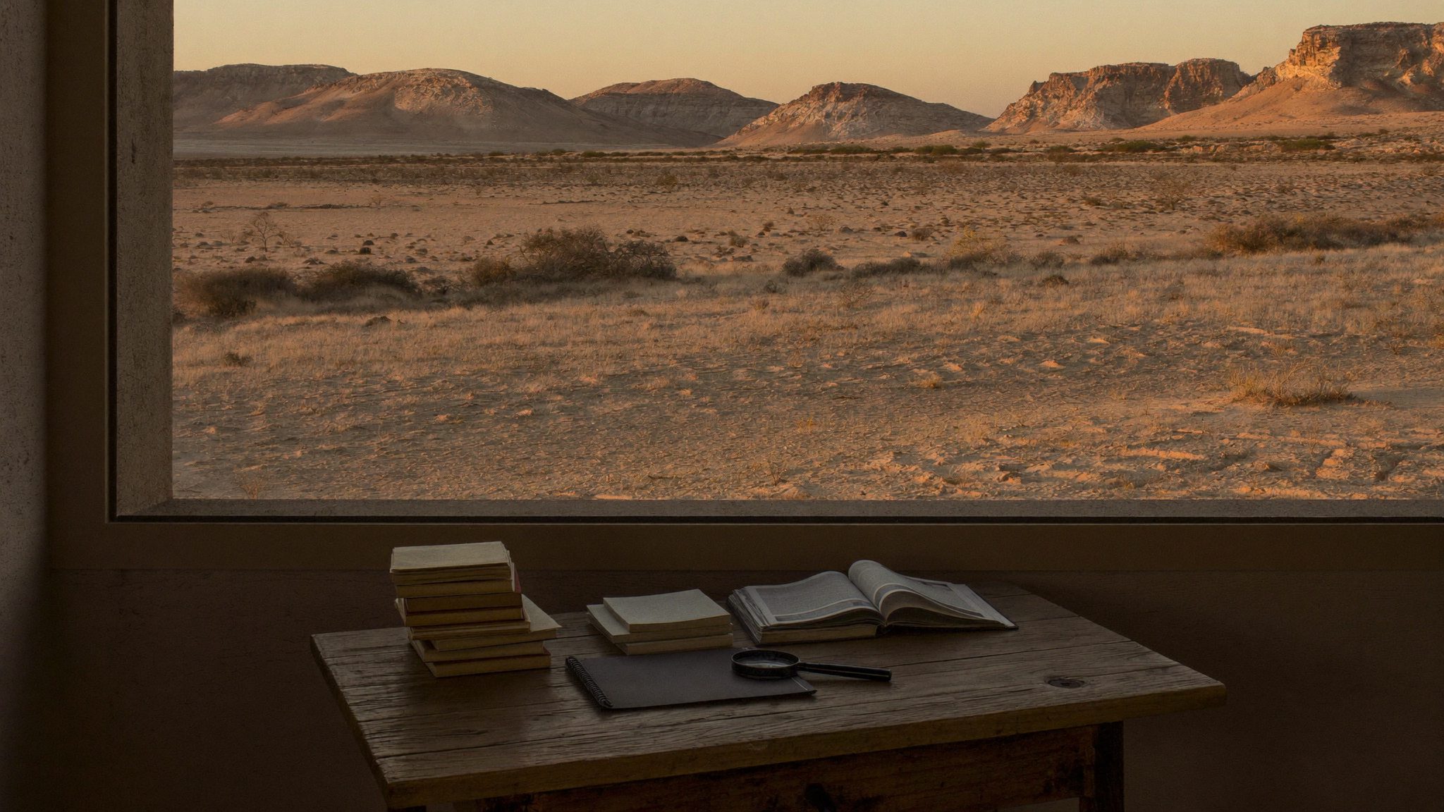 A desk overlooking an arid Karoo landscape, evoking steady, grounded advisory work